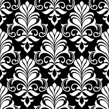 Damask kusursuz vektör arkaplanı. Barok tarzı şablondaki duvar kağıdı. Siyah ve beyaz çiçek elementleri. Duvar kağıdı, kumaş, ambalaj ve ambalaj için grafiksel desen. Damask çiçek süsü.
