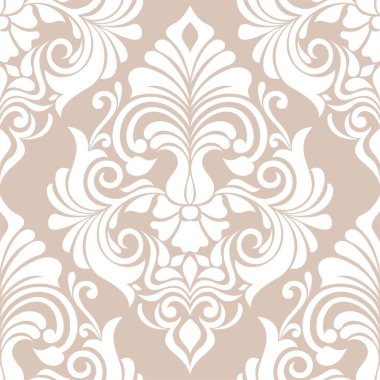 Damask kusursuz vektör arkaplanı. Barok tarzı şablonda duvar kağıdı. Bej ve beyaz çiçek elementi. Duvar kağıdı, kumaş, ambalaj ve ambalaj için grafiksel desen. Damask çiçek süsü.