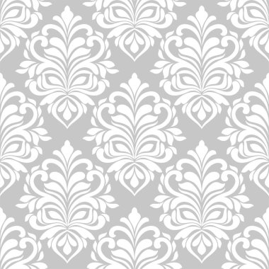 Damask kusursuz vektör arkaplanı. Barok tarzı şablondaki duvar kağıdı. Gri ve beyaz çiçek elementi. Duvar kağıdı, kumaş, ambalaj ve ambalaj için grafiksel desen. Damask çiçek süsü.