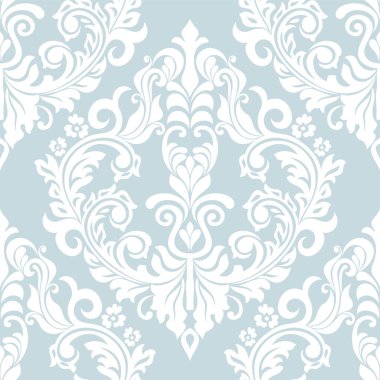 Damask kusursuz vektör arkaplanı. Barok tarzı şablondaki duvar kağıdı. Mavi ve beyaz çiçek elementi. Duvar kağıdı, kumaş, ambalaj ve ambalaj için grafiksel desen. Damask çiçek süsü.