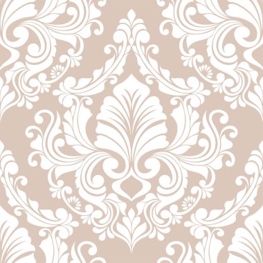Damask kusursuz vektör arkaplanı. Barok tarzı şablondaki duvar kağıdı. Bej ve beyaz çiçek elementleri. Duvar kağıdı, kumaş, ambalaj ve ambalaj için grafiksel desen. Damask çiçek süsü.