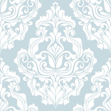 Damask kusursuz vektör arkaplanı. Barok tarzı şablondaki duvar kağıdı. Mavi ve beyaz çiçek elementi. Duvar kağıdı, kumaş, ambalaj ve ambalaj için grafiksel desen. Damask çiçek süsü.