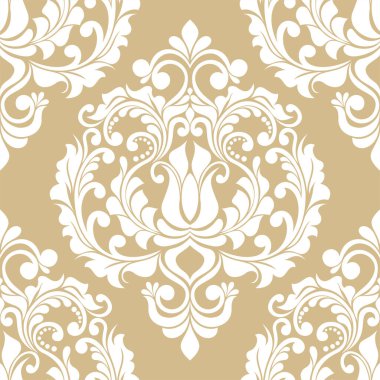 Damask kusursuz vektör arkaplanı. Barok tarzı şablondaki duvar kağıdı. Bej ve beyaz çiçek elementleri. Duvar kağıdı, kumaş, ambalaj ve ambalaj için grafiksel desen. Damask çiçek süsü.