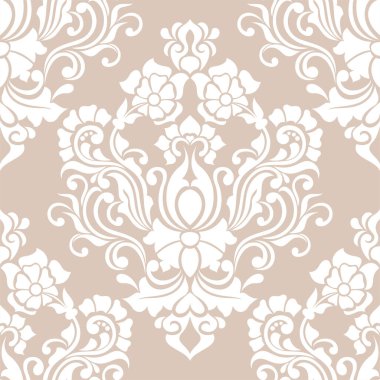 Damask kusursuz vektör arkaplanı. Barok tarzı şablondaki duvar kağıdı. Bej ve beyaz çiçek elementleri. Duvar kağıdı, kumaş, ambalaj ve ambalaj için grafiksel desen. Damask çiçek süsü.