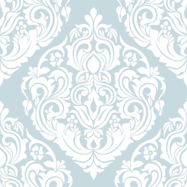 Damask kusursuz vektör arkaplanı. Barok tarzı şablondaki duvar kağıdı. Mavi ve beyaz çiçek elementi. Duvar kağıdı, kumaş, ambalaj ve ambalaj için grafiksel desen. Damask çiçek süsü.