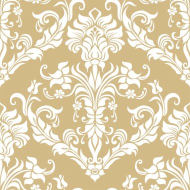 Damask kusursuz vektör arkaplanı. Barok tarzı şablondaki duvar kağıdı. Altın ve beyaz çiçek elementi. Duvar kağıdı, kumaş, ambalaj ve ambalaj için grafiksel desen. Damask çiçek süsü.