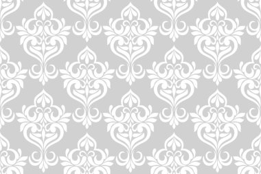 Damask çiçek tasarım elementi. Gri ve beyaz. Grafiksel süsleme kraliyet duvar kağıdı vektör arkaplanı.