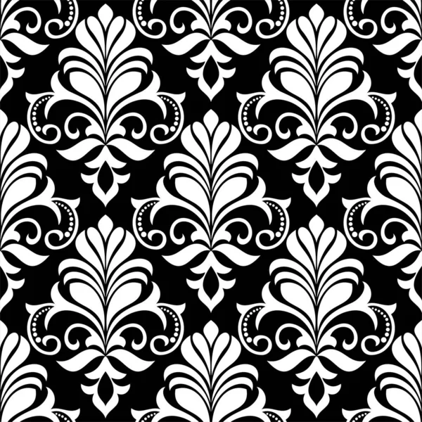 Damask kusursuz vektör arkaplanı. Barok tarzı şablondaki duvar kağıdı. Siyah ve beyaz çiçek elementleri. Duvar kağıdı, kumaş, ambalaj ve ambalaj için grafiksel desen. Damask çiçek süsü.