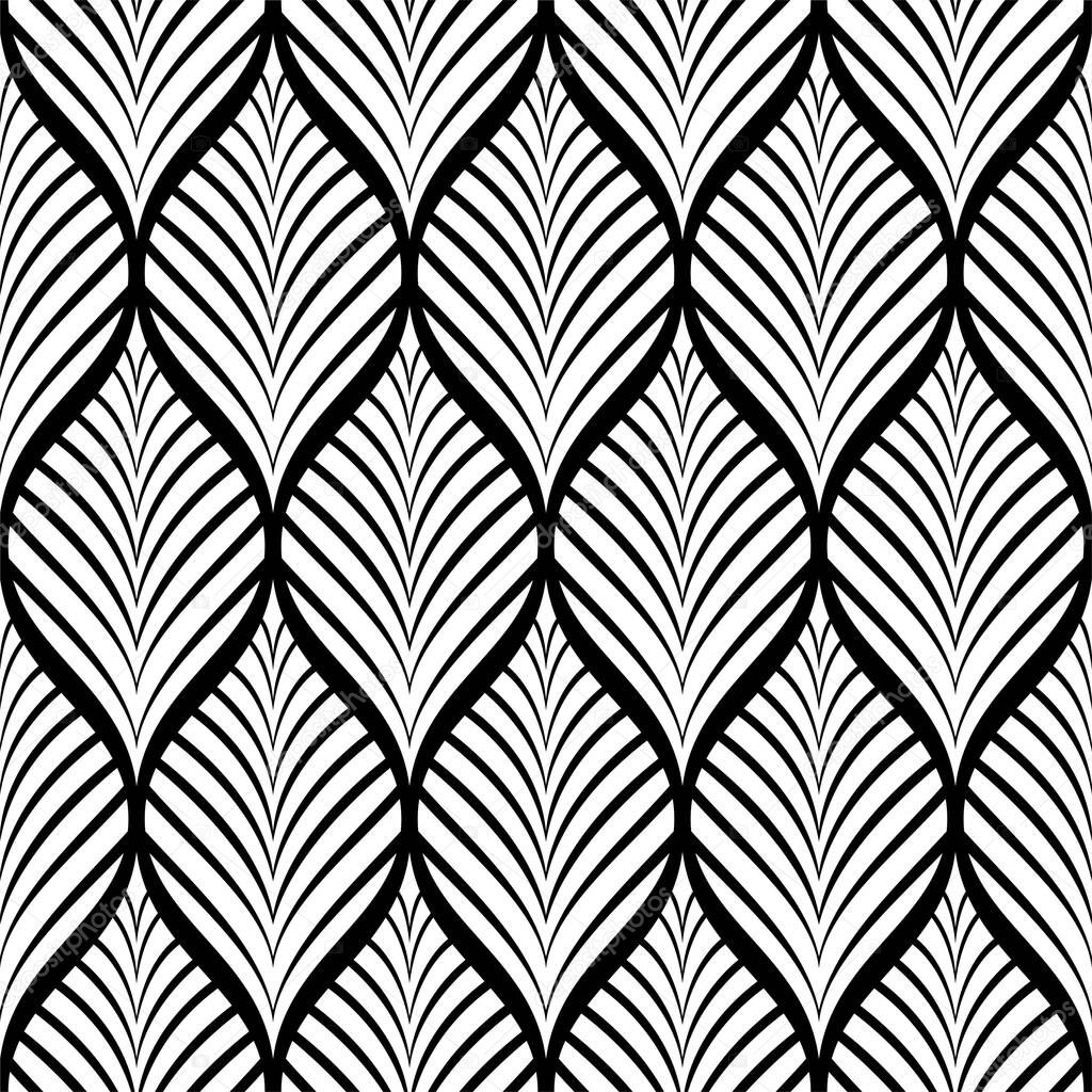 Vector illustration of geometric leaves seamless pattern. black and white floral organic background.