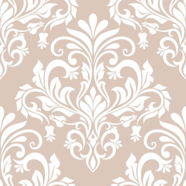 Damask kusursuz vektör arkaplanı. Barok tarzı şablondaki duvar kağıdı. Bej ve beyaz çiçek elementleri. Duvar kağıdı, kumaş, ambalaj ve ambalaj için grafiksel desen. Damask çiçek süsü.