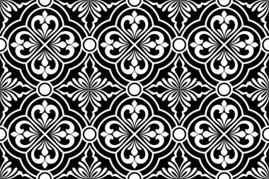 Soyut geometrik çiçekli, dikişsiz desen. Siyah beyaz süs. Modern stil dokusu tekerrür ediyor. Vektör arkaplanı.