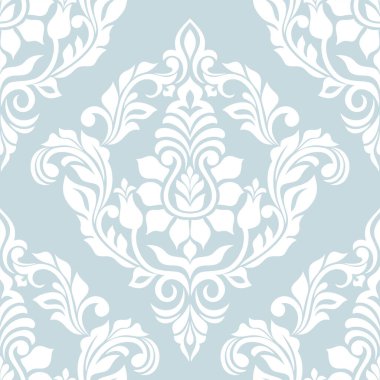 Damask kusursuz vektör arkaplanı. Barok tarzı desen. Mavi ve beyaz çiçek elementi. Duvar kağıdı, kumaş, ambalaj ve ambalaj için grafiksel desen. Damask çiçek süsü.