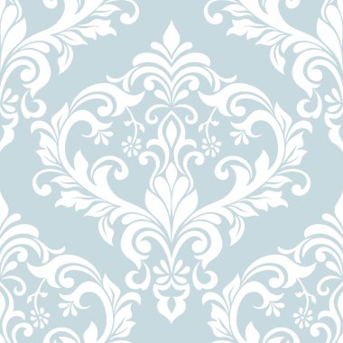 Damask kusursuz vektör arkaplanı. Barok tarzı desen. Mavi ve beyaz çiçek elementi. Duvar kağıdı, kumaş, ambalaj ve ambalaj için grafiksel desen. Damask çiçek süsü.