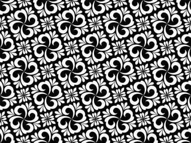Çiçeksiz desenli, barok süslemeli. Modern stil dokusu. Siyah ve beyaz. Vektör arkaplanı tekrarlanıyor.