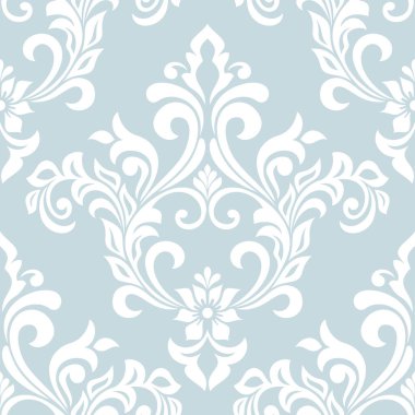 Damask kusursuz vektör arkaplanı. Barok tarzı desen. Mavi ve beyaz çiçek elementi. Duvar kağıdı, kumaş, ambalaj ve ambalaj için grafiksel desen. Damask çiçek süsü.