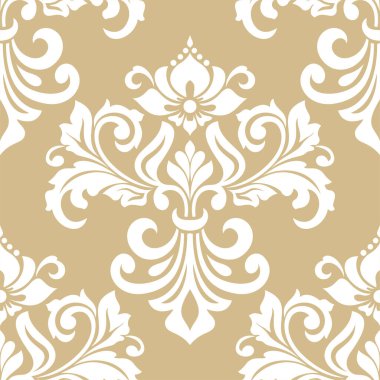 Damask kusursuz vektör arkaplanı. Barok tarzı desen. Bej ve beyaz çiçek elementleri. Duvar kağıdı, kumaş, ambalaj ve ambalaj için grafiksel desen. Damask çiçek süsü.