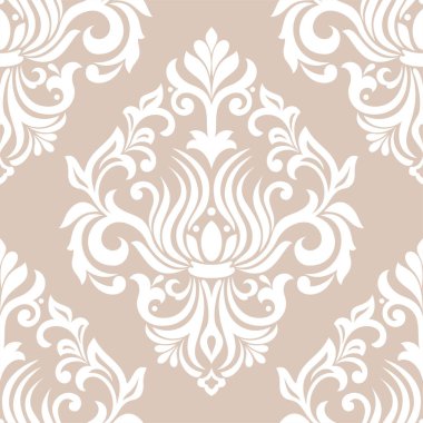 Damask kusursuz vektör arkaplanı. Barok tarzı desen. Bej ve beyaz çiçek elementleri. Duvar kağıdı, kumaş, ambalaj ve ambalaj için grafiksel desen. Damask çiçek süsü.
