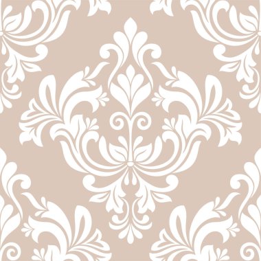 Damask kusursuz vektör arkaplanı. Barok tarzı desen. Bej ve beyaz çiçek elementleri. Duvar kağıdı, kumaş, ambalaj ve ambalaj için grafiksel desen. Damask çiçek süsü.