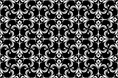 Çiçeksiz desenli, barok süslemeli. Modern stil dokusu. Siyah ve beyaz. Vektör arkaplanı tekrarlanıyor.
