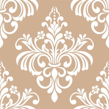 Damask kusursuz vektör arkaplanı. Barok tarzı desen. Bej ve beyaz çiçek elementleri. Duvar kağıdı, kumaş, ambalaj ve ambalaj için grafiksel desen. Damask çiçek süsü.