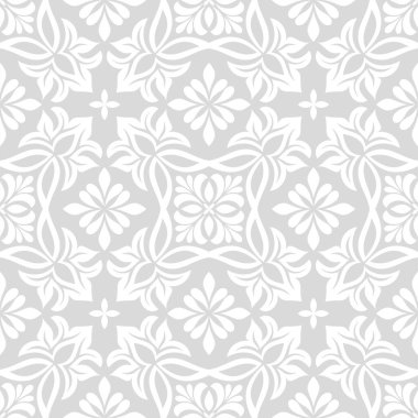 Çiçekli geometrik dikişsiz desen. Gri ve beyaz süs. Süs, duvar kağıdı, ambalaj, vektör arkaplanı için kumaş
