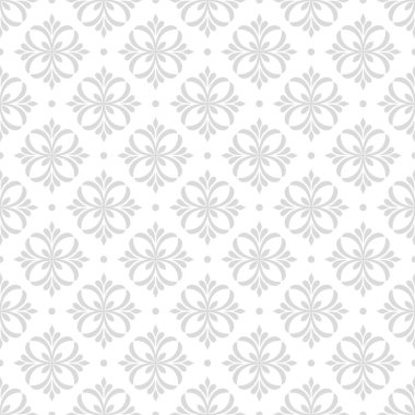 Çiçekli geometrik dikişsiz desen. Gri ve beyaz süs. Süs, duvar kağıdı, ambalaj, vektör arkaplanı için kumaş