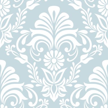Damask kusursuz vektör arkaplanı. Barok tarzı desen. Mavi ve beyaz çiçek elementi. Duvar kağıdı, kumaş, ambalaj ve ambalaj için grafiksel desen. Damask çiçek süsü.
