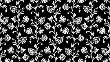 Soyut, kusursuz lüks model. Yaprakla. Siyah ve beyaz. Çiçek süsü. Vektör arkaplanı.