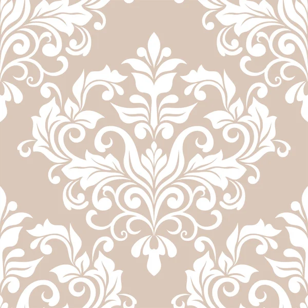 Damask kusursuz vektör arkaplanı. Barok tarzı desen. Bej ve beyaz çiçek elementleri. Duvar kağıdı, kumaş, ambalaj ve ambalaj için grafiksel desen. Damask çiçek süsü.