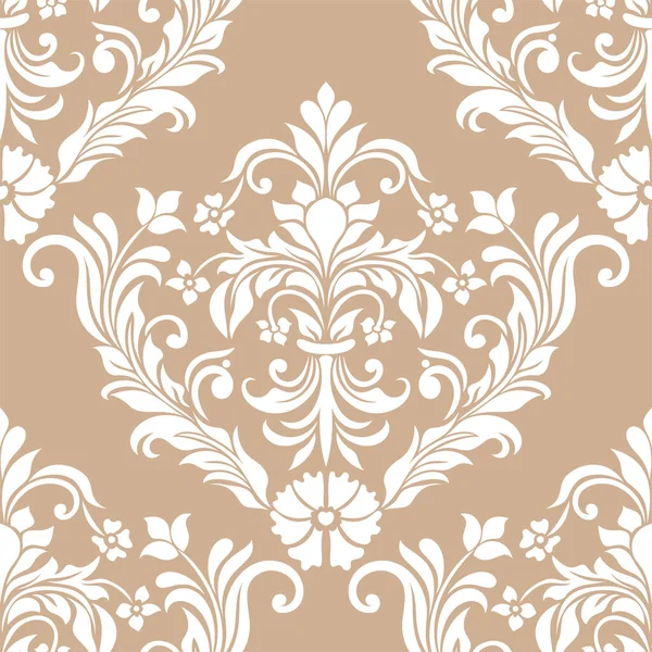 Damask kusursuz vektör arkaplanı. Barok tarzı desen. Bej ve beyaz çiçek elementleri. Duvar kağıdı, kumaş, ambalaj ve ambalaj için grafiksel desen. Damask çiçek süsü.