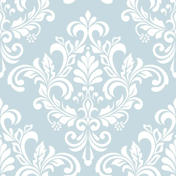 Damask kusursuz vektör arkaplanı. Barok tarzı desen. Mavi ve beyaz çiçek elementi. Duvar kağıdı, kumaş, ambalaj ve ambalaj için grafiksel desen. Damask çiçek süsü.