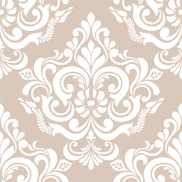 Damask kusursuz vektör arkaplanı. Barok tarzı şablondaki duvar kağıdı. Bej ve beyaz çiçek elementleri. Duvar kağıdı, kumaş, ambalaj ve ambalaj için grafiksel desen. Damask çiçek süsü.