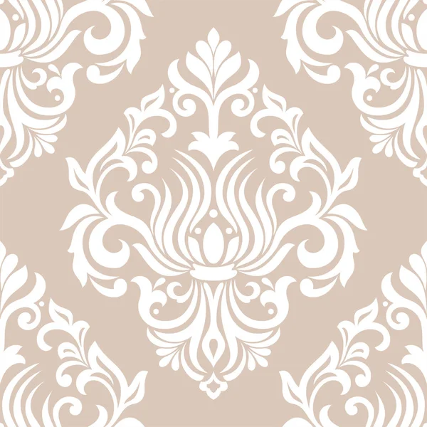 Damask kusursuz vektör arkaplanı. Barok tarzı desen. Bej ve beyaz çiçek elementleri. Duvar kağıdı, kumaş, ambalaj ve ambalaj için grafiksel desen. Damask çiçek süsü.