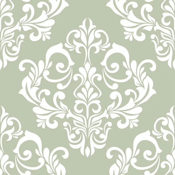 Damask kusursuz vektör arkaplanı. Barok tarzı desen. Yeşil ve beyaz çiçek elementleri. Duvar kağıdı, kumaş, ambalaj ve ambalaj için grafiksel desen. Damask çiçek süsü.