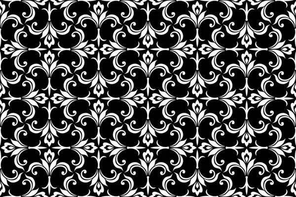 Çiçeksiz desenli, barok süslemeli. Modern stil dokusu. Siyah ve beyaz. Vektör arkaplanı tekrarlanıyor.