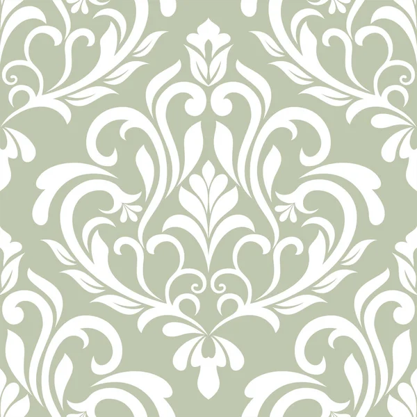 Damask kusursuz vektör arkaplanı. Barok tarzı desen. Yeşil ve beyaz çiçek elementleri. Duvar kağıdı, kumaş, ambalaj ve ambalaj için grafiksel desen. Damask çiçek süsü.