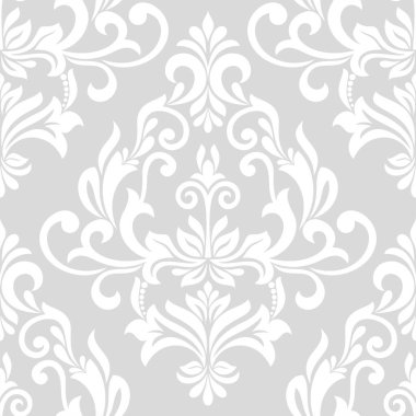 Çiçekli damaskesiz desen. Gri ve beyaz. Vektör arkaplanı.