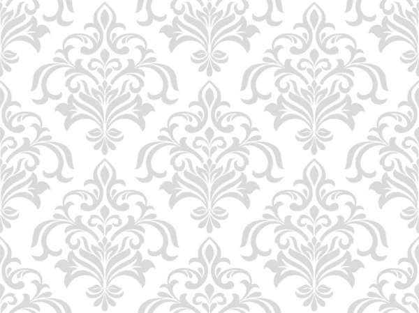 Damask kusursuz vektör arkaplanı. Barok tarzı desen. Gri ve beyaz çiçek elementi. Duvar kağıdı, kumaş, ambalaj ve ambalaj için grafiksel desen. Damask çiçek süsü.