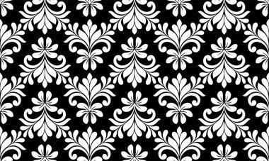 Çiçekli geometrik dikişsiz desen. Siyah beyaz süs. Süs, duvar kağıdı, ambalaj, vektör arkaplanı için kumaş.