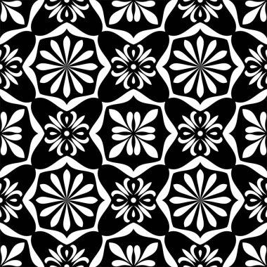 Soyut geometrik çiçekli, dikişsiz desen. Siyah beyaz süs. Modern stil dokusu tekerrür ediyor. Vektör arkaplanı.