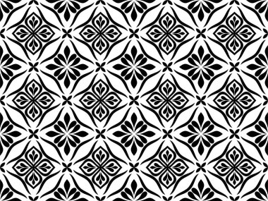 Çiçeksiz desenli, barok süslemeli. Modern stil dokusu. Siyah ve beyaz. Vektör arkaplanı tekrarlanıyor.