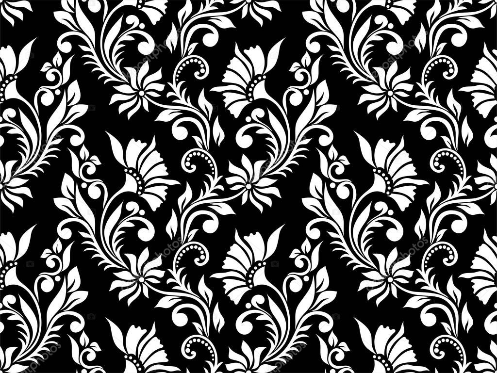 Floral seamless pattern. Black and white element. Fabric for ornament, wallpaper, packaging, vector background.