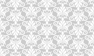 Damask kusursuz vektör arkaplanı. Barok tarzı desen. Gri ve beyaz çiçek elementi. Duvar kağıdı, kumaş, ambalaj ve ambalaj için grafiksel desen. Damask çiçek süsü.