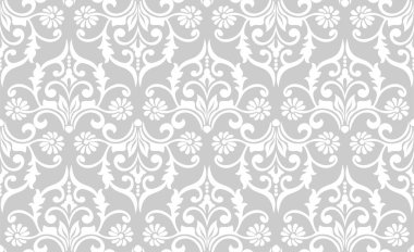 Damask kusursuz vektör arkaplanı. Barok tarzı desen. Gri ve beyaz çiçek elementi. Duvar kağıdı, kumaş, ambalaj ve ambalaj için grafiksel desen. Damask çiçek süsü.