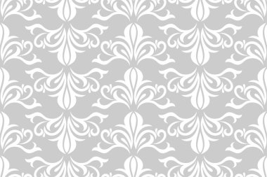 Damask kusursuz vektör arkaplanı. Barok tarzı desen. Gri ve beyaz çiçek elementi. Duvar kağıdı, kumaş, ambalaj ve ambalaj için grafiksel desen. Damask çiçek süsü.