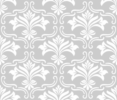 Damask kusursuz vektör arkaplanı. Barok tarzı desen. Gri ve beyaz çiçek elementi. Duvar kağıdı, kumaş, ambalaj ve ambalaj için grafiksel desen. Damask çiçek süsü.