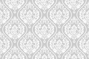 Damask kusursuz vektör arkaplanı. Barok tarzı desen. Gri ve beyaz çiçek elementi. Duvar kağıdı, kumaş, ambalaj ve ambalaj için grafiksel desen. Damask çiçek süsü.