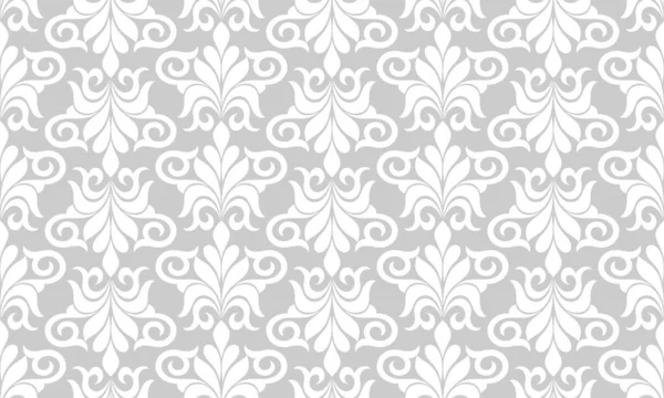 Damask kusursuz vektör arkaplanı. Barok tarzı desen. Gri ve beyaz çiçek elementi. Duvar kağıdı, kumaş, ambalaj ve ambalaj için grafiksel desen. Damask çiçek süsü.