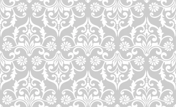Damask kusursuz vektör arkaplanı. Barok tarzı desen. Gri ve beyaz çiçek elementi. Duvar kağıdı, kumaş, ambalaj ve ambalaj için grafiksel desen. Damask çiçek süsü.
