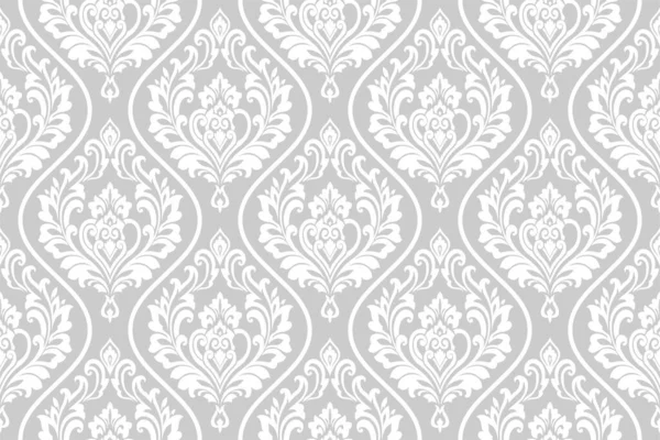 Damask kusursuz vektör arkaplanı. Barok tarzı desen. Gri ve beyaz çiçek elementi. Duvar kağıdı, kumaş, ambalaj ve ambalaj için grafiksel desen. Damask çiçek süsü.